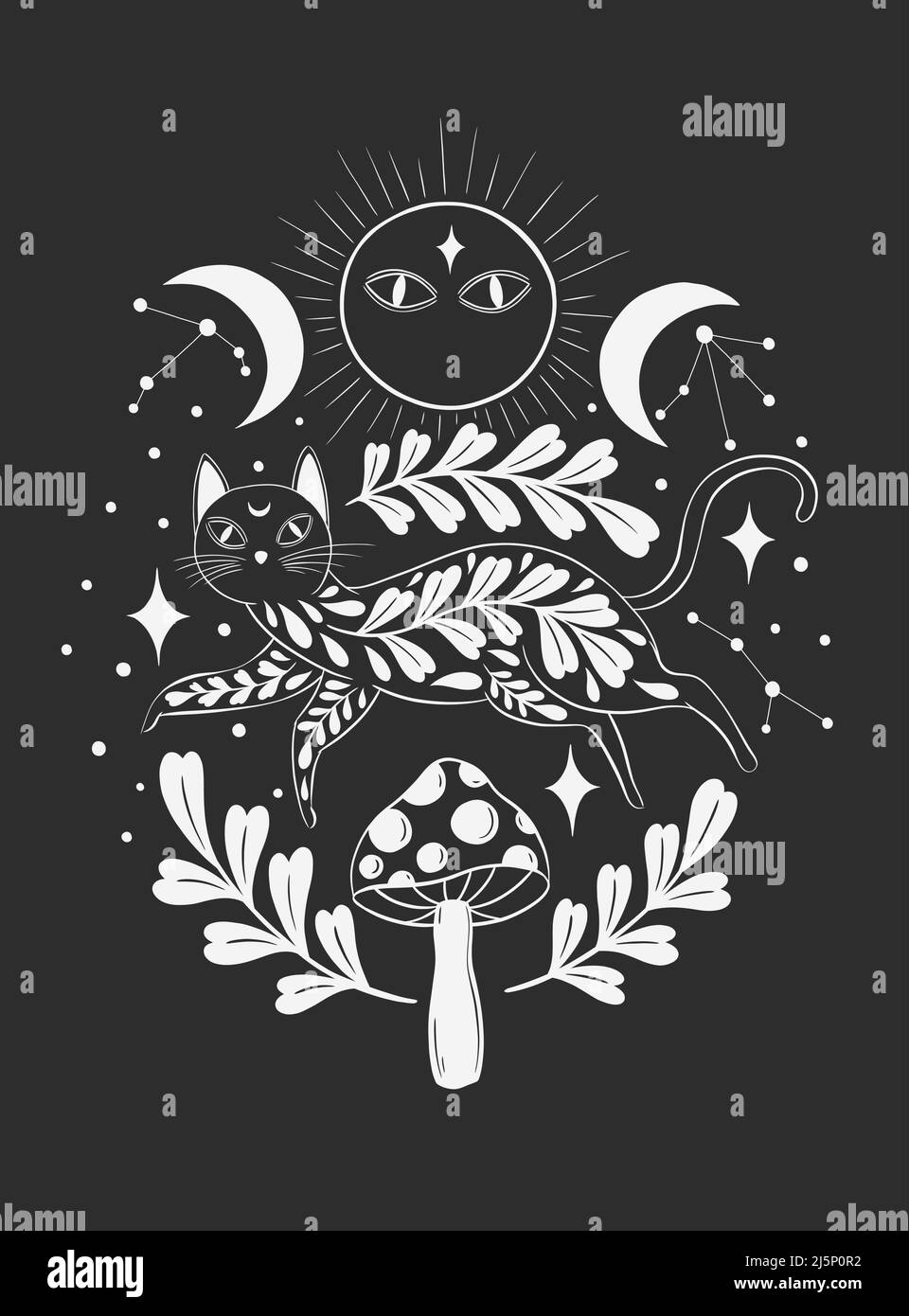 Mystic aesthetic cat witch mage composition print. Hand draw black color.Esoteric sign alchemy. Stock Vector