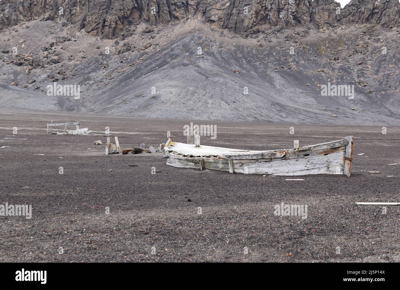 remains of old wooden boat at Deception Island, Antarctica Stock Photo