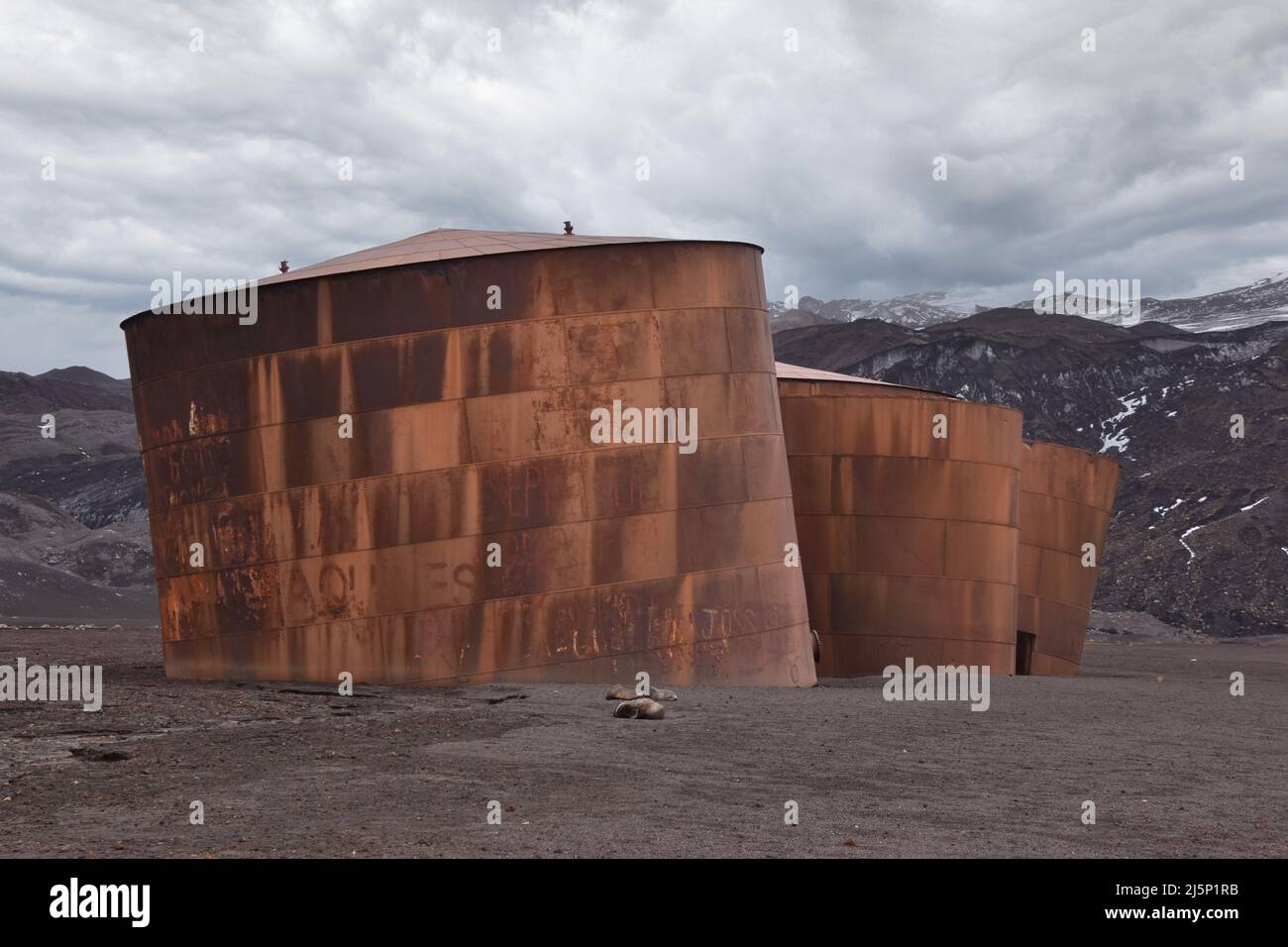 remains of old station at Deception Island, Antarctica. Stock Photo