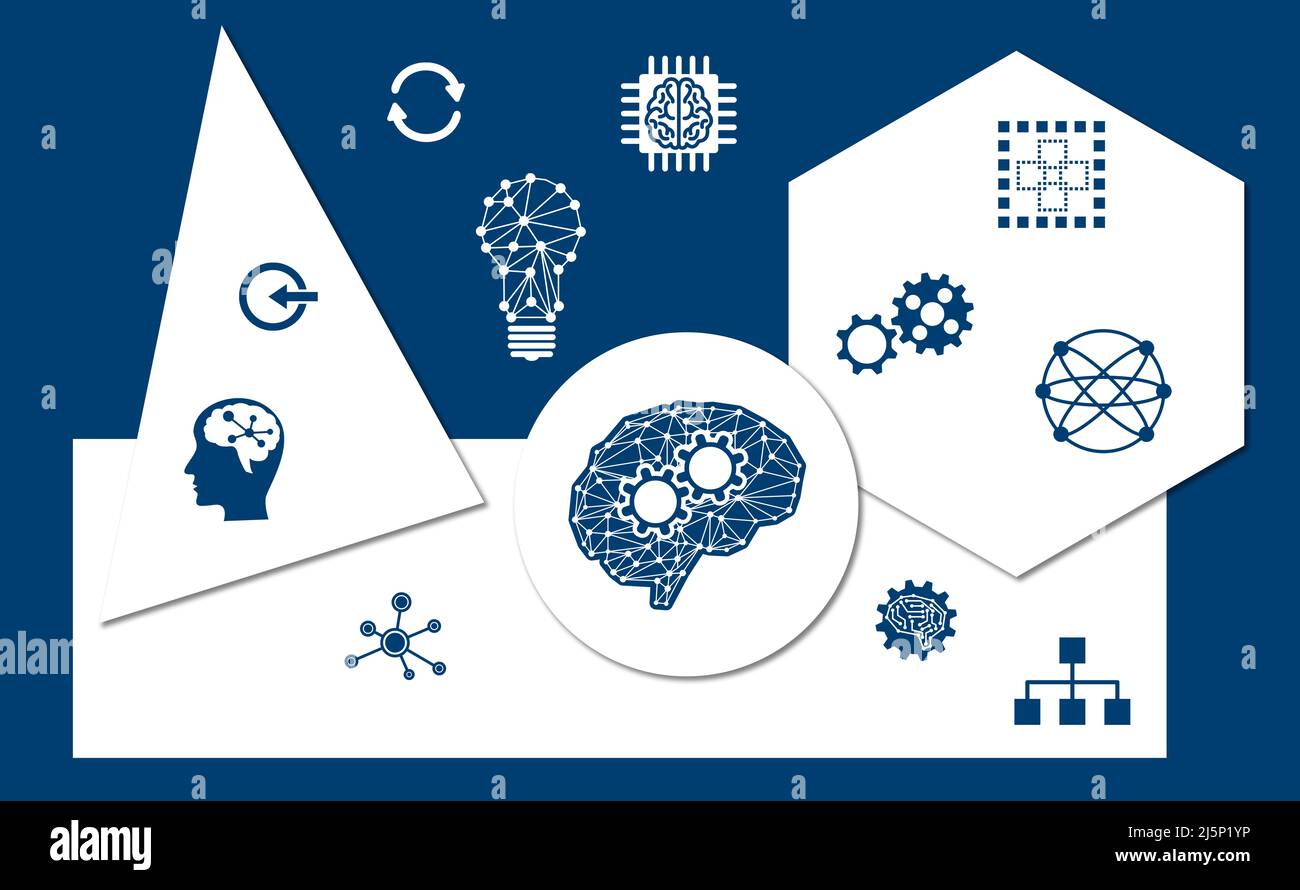 Concept of deep learning with icons on geometric shapes background ...