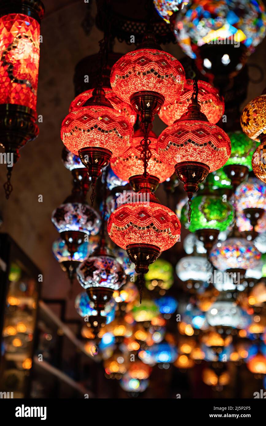 Oriental colorful glass hanging lamps or lanterns in turkish bazaar Stock Photo