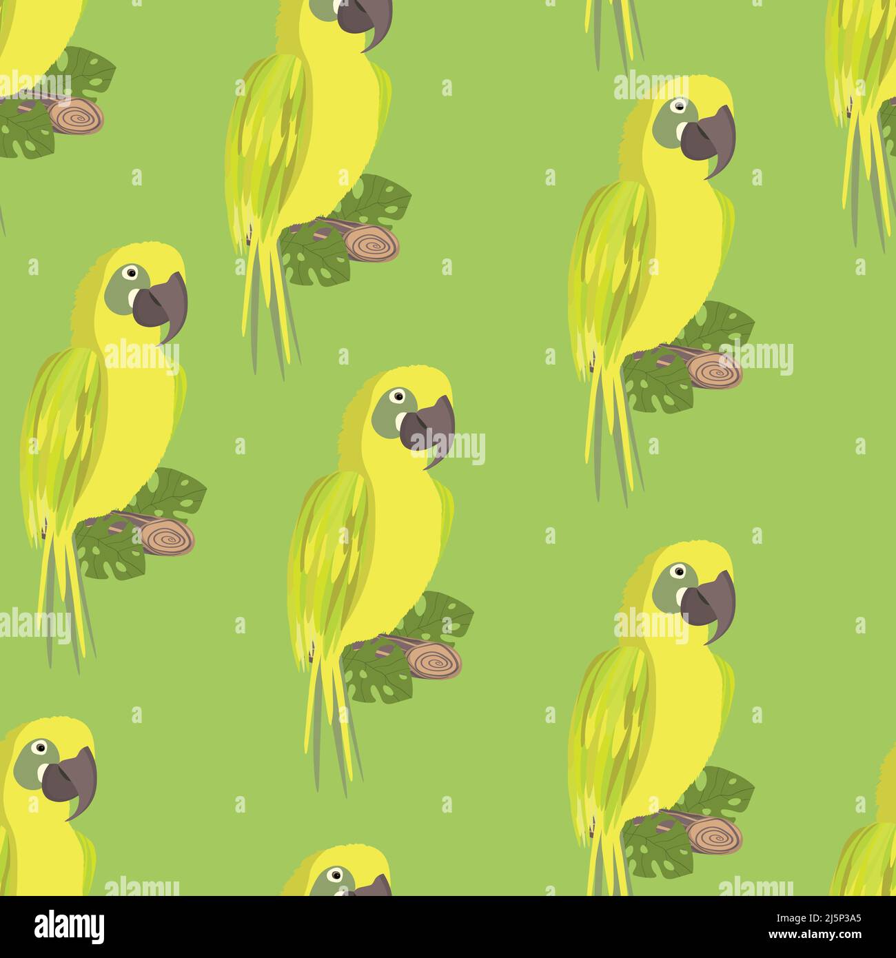 Seamless pattern with cute cartoon parrot bird on branch. Vector ...