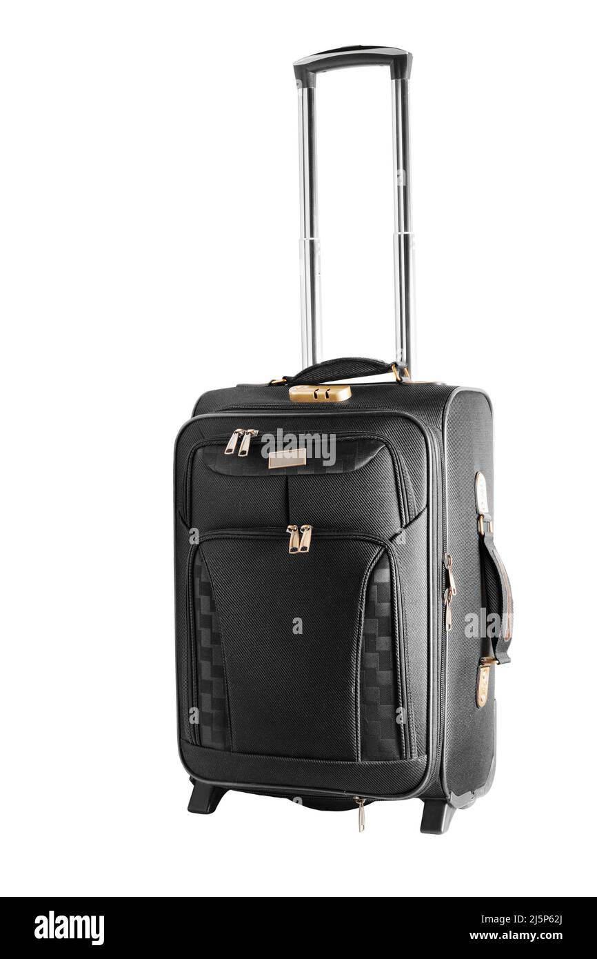Travel suitcase on wheels. Close-up. Isolated on white background. Stock Photo