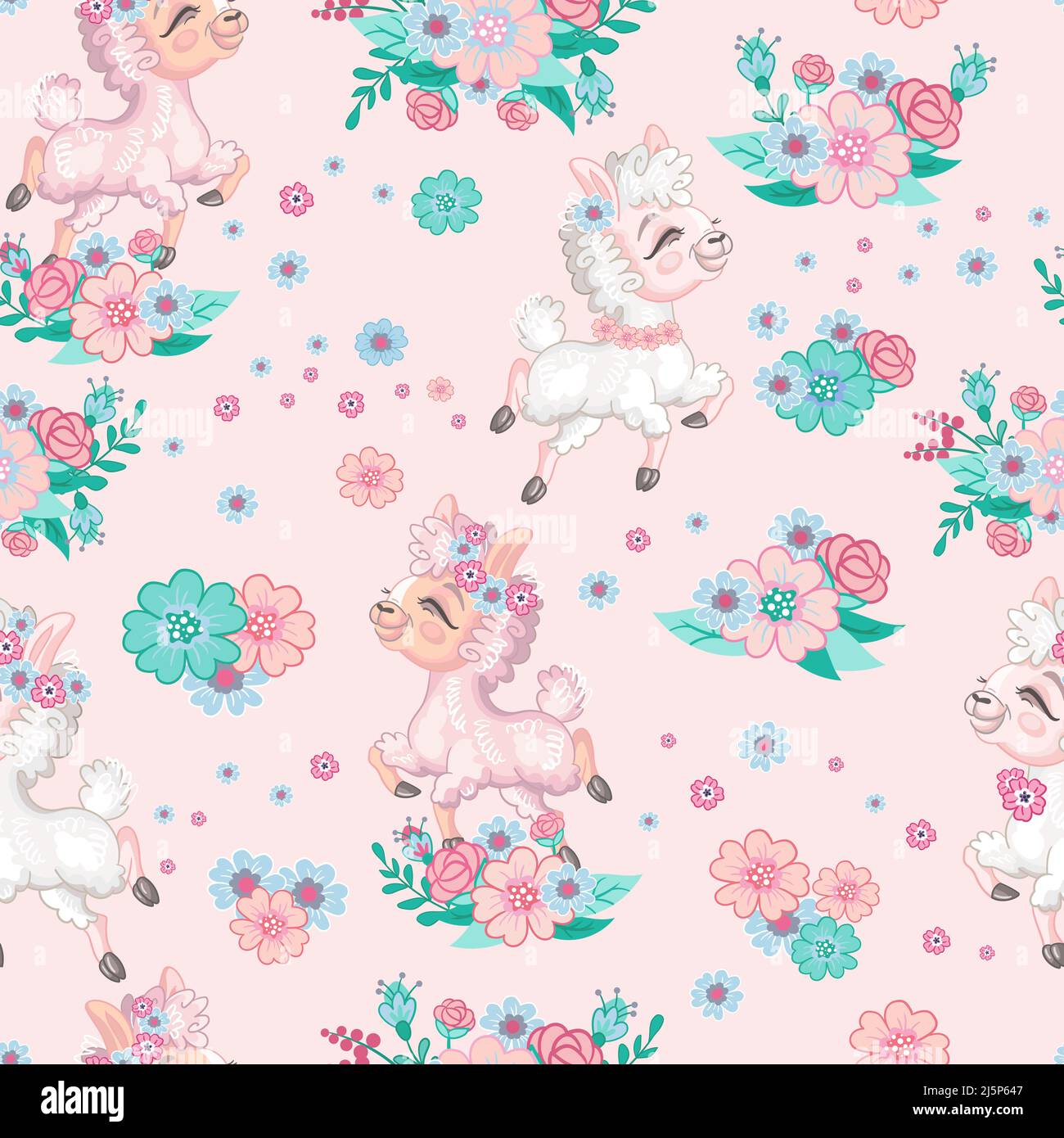 Seamless vector pattern with cute happy llama and flowers isolated on pink background. Cartoon vector illustration. For design, linen, wallpaper, deco Stock Vector