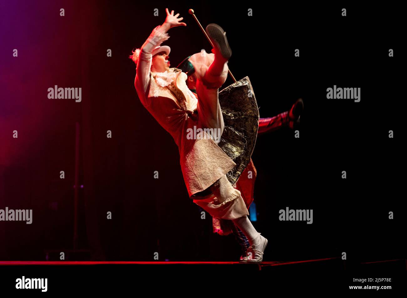 Padova, Italy. 24th Apr, 2022. The White Rabbit and the mad Hatter during  Circus-Theatre Elysium in Alice In Wonderland, Theater in Padova, Italy,  April 24 2022 Credit: Independent Photo Agency/Alamy Live News