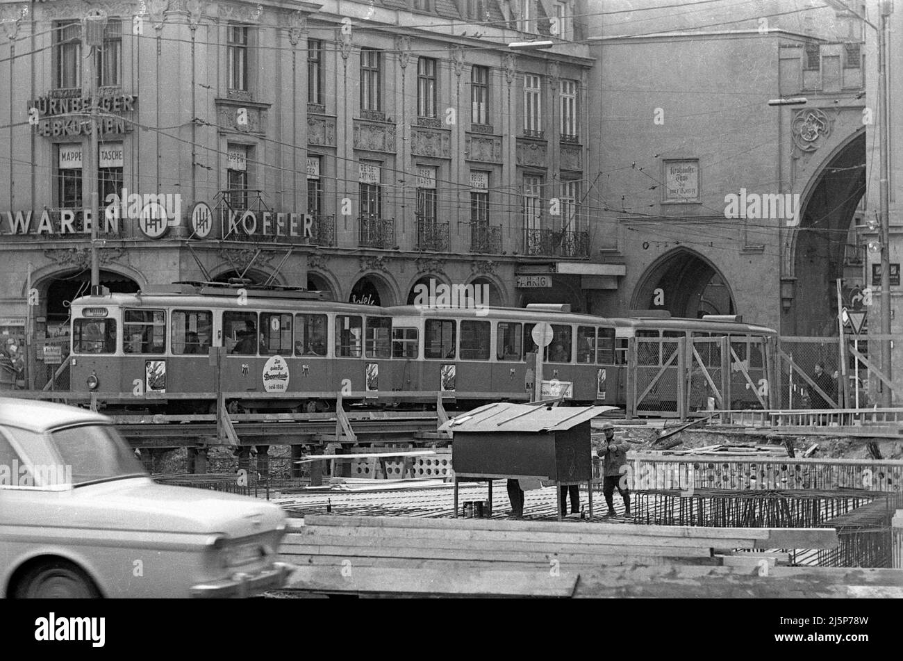 Construction of the subway in Munich, here at the Stachus. The picture ...