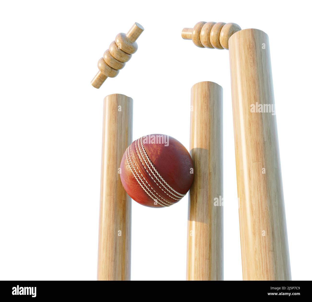 Wooden cricket wickets with dislodging bails on an isolated white background - 3D render Stock Photo