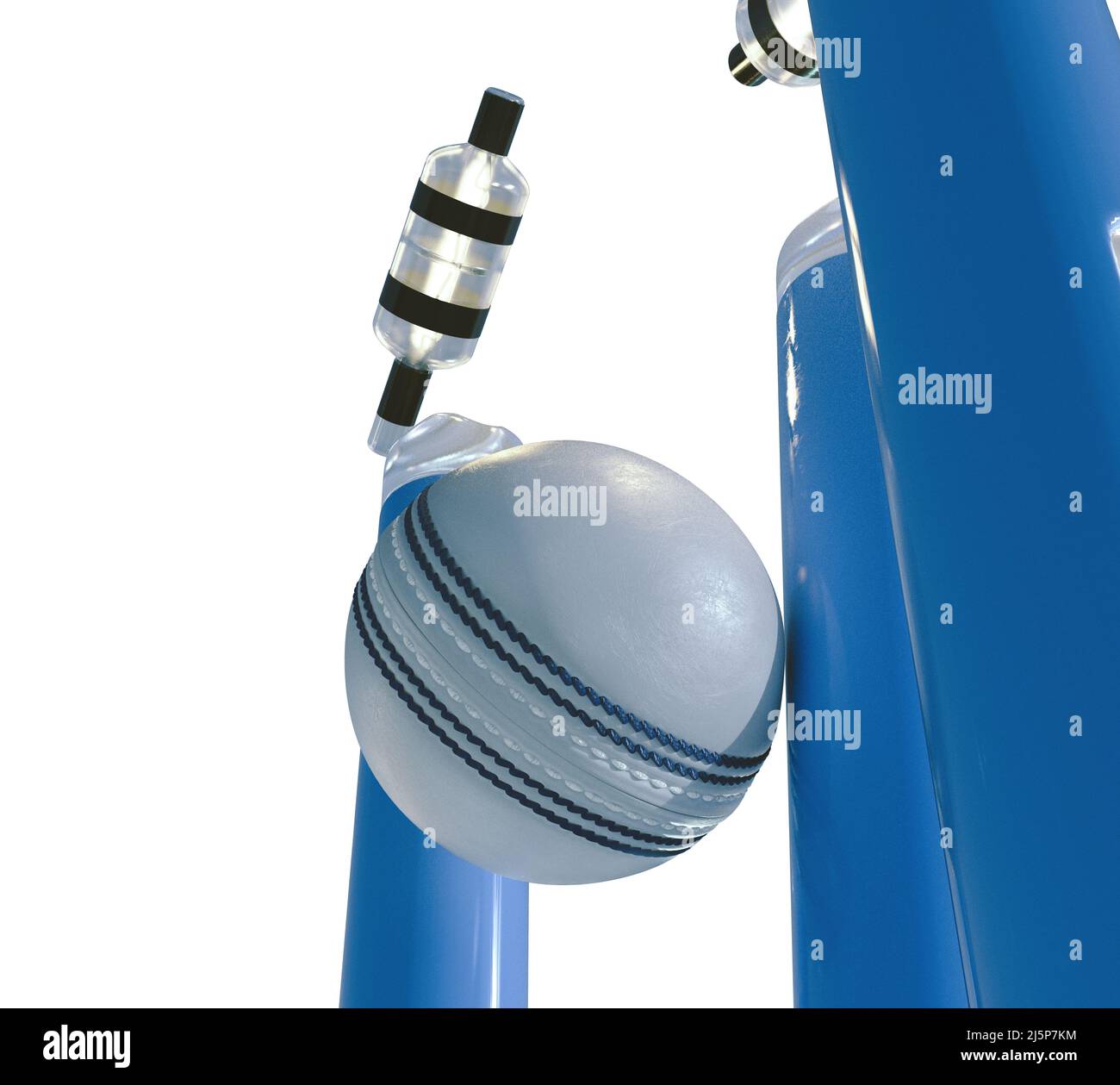 Blue electronic cricket wickets with dislodging bails and illuminating LED lights on an isolated white background - 3D render Stock Photo