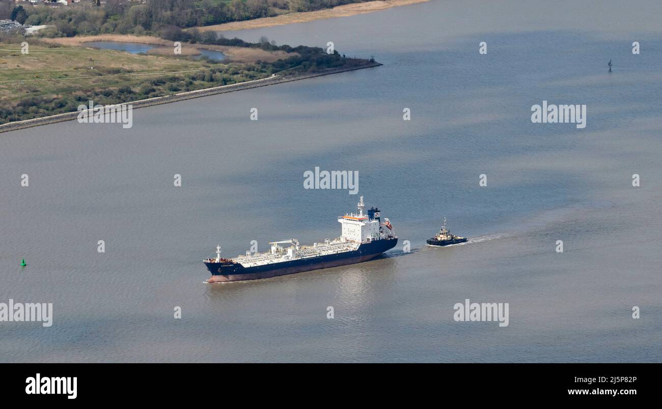 Oil tanker going up river on the River Mersey, Merseyside, Liverpool, north west England UK Stock Photo