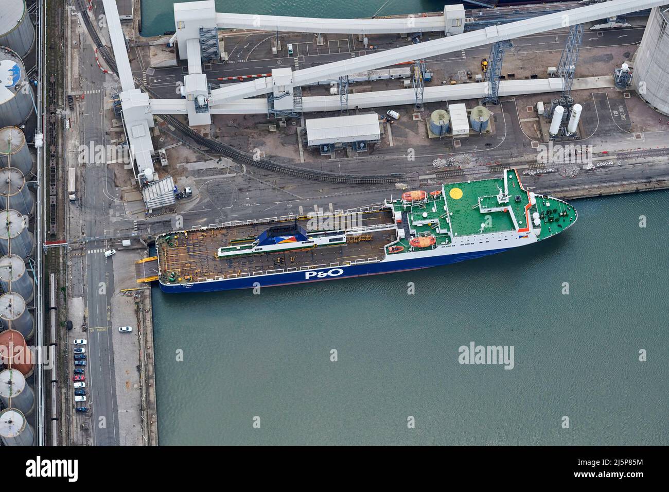 P & O ferry, in Seaforth Docks, Liverpool, Merseyside, northwest England, UK, from the air Stock Photo