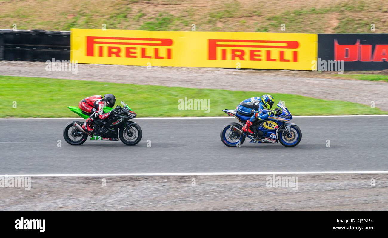 2 motorbikes racing at Oulton Park Circuit, Cheshire, UK Stock Photo