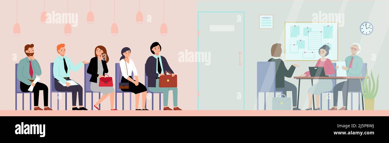 Job interview in office. Young man and interviewer, corporate recruitment. Business people waiting line, employees or candidate queue, decent vector Stock Vector