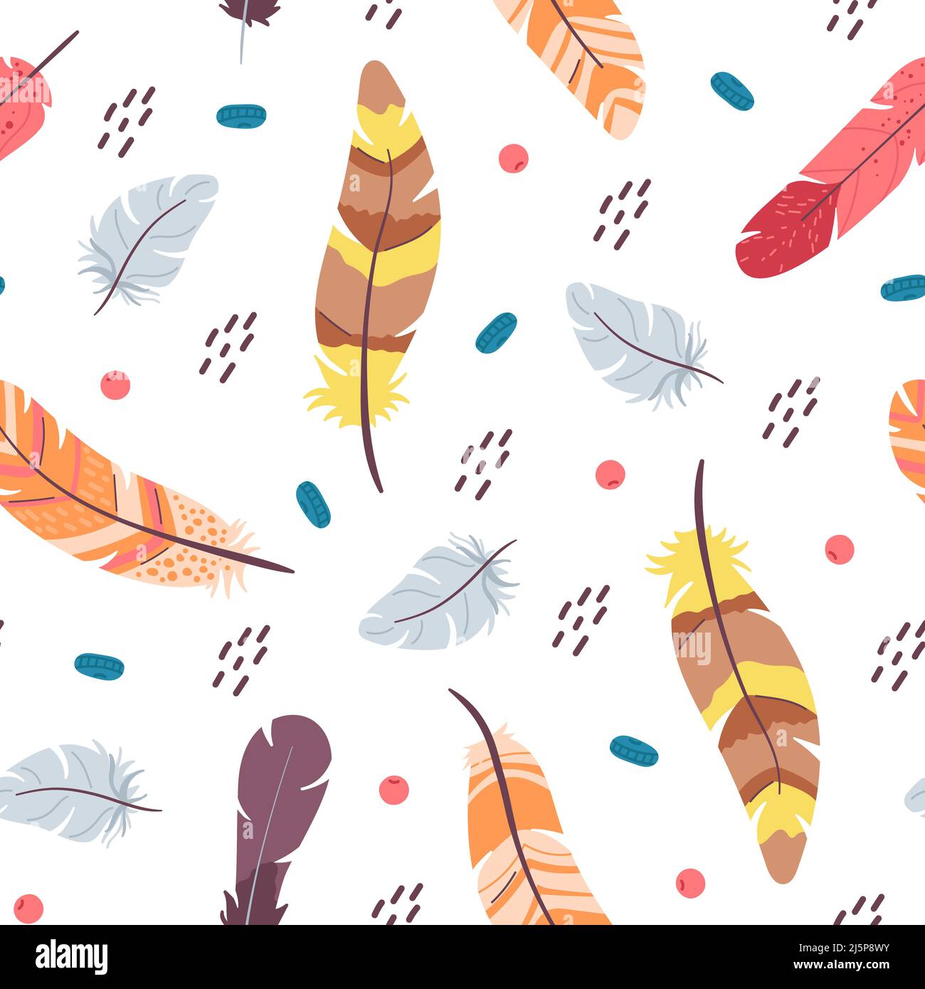 Feather seamless pattern. Color feathers print, pastel rustic decorative ornament. Bohemian tribal background. Cute boho style scandinavian decent Stock Vector