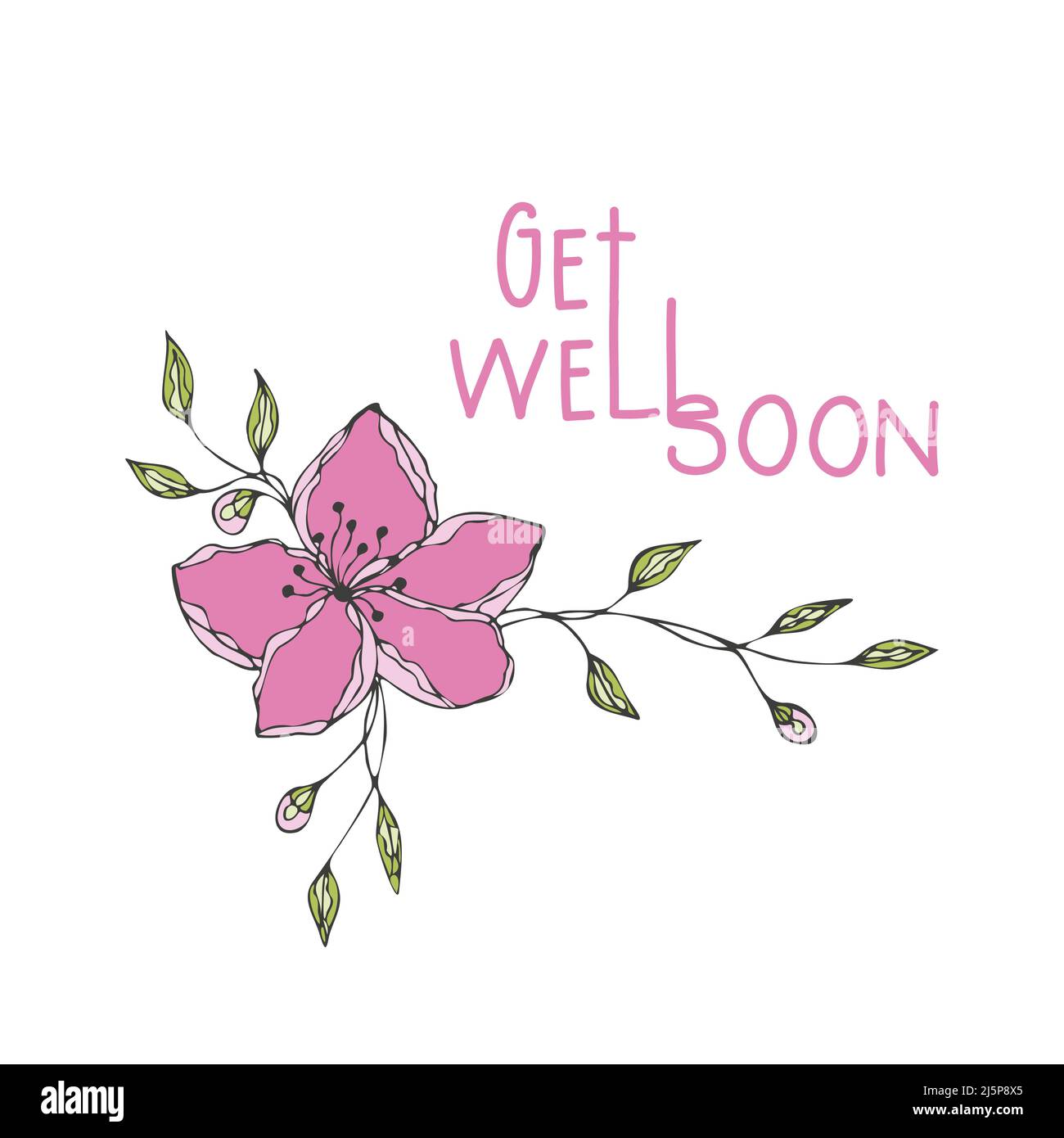 Get well soon congratulation flowers doodle and inscription , white background. Vector illustration Stock Vector