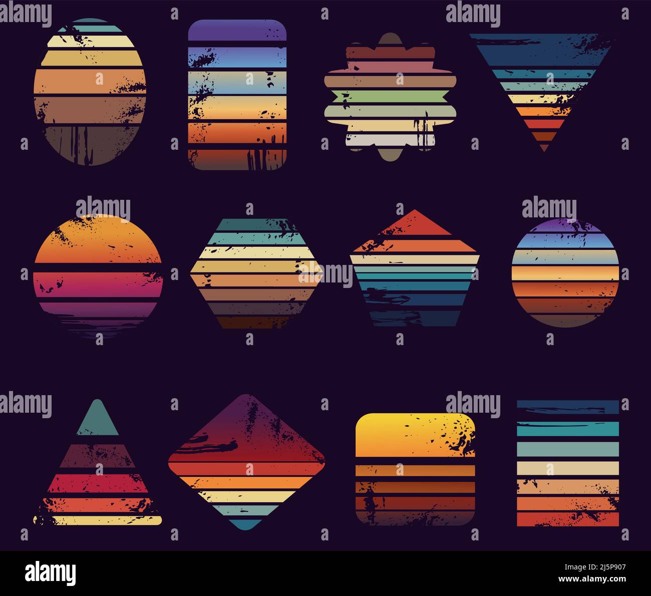 Sunrise vintage prints. Grunge sunset logo diverse shapes. Vintage california beach retro labels, 80s 90s surf beach t-shirt neoteric vector stickers Stock Vector