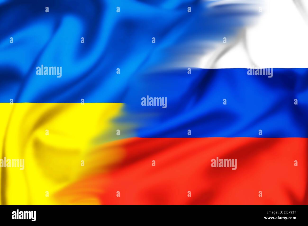 Blended Silk flags of Russian Federation and Ukraine illustration, concept of tense relations between Ukraine and Russia Stock Photo