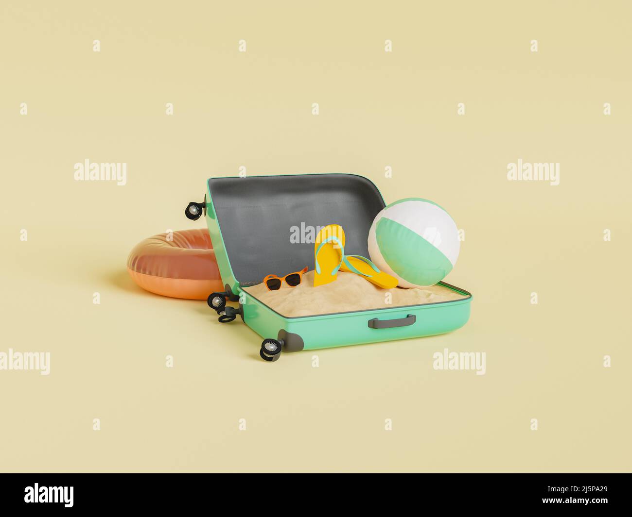 Opened green luggage with flip flops and ball on sand placed on yellow background with inflatable orange ring during summer vacation. 3d rendering Stock Photo