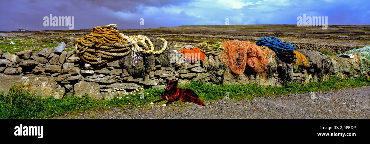 Fishermans nets and ropes hanging on a dry stone wall, Aran Islands , County Galway, Ireland Stock Photo
