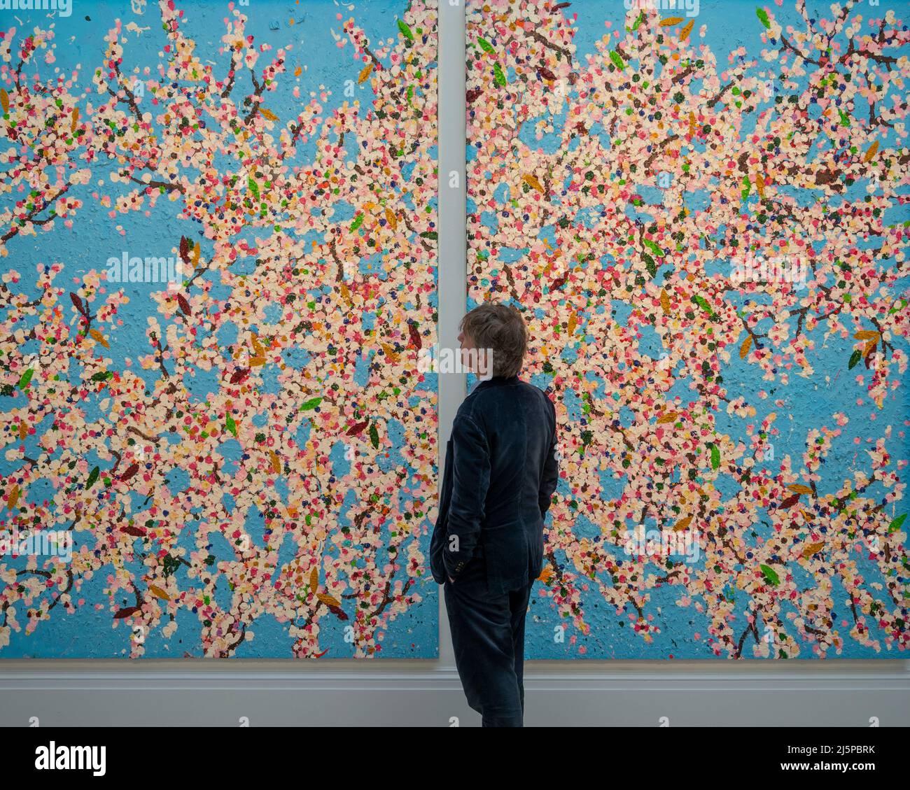 Sotheby’s, London, UK. 25 April 2022. Preview of major auction highlights in a travelling exhibition from The New York Modern day and evening sales to take place on 17-18 May 2022. Image: Damien Hirst, Happy Life Blossom, 2018, estimated in the region of $2 Million - 3 Million. Credit: Malcolm Park/Alamy Live News Stock Photo