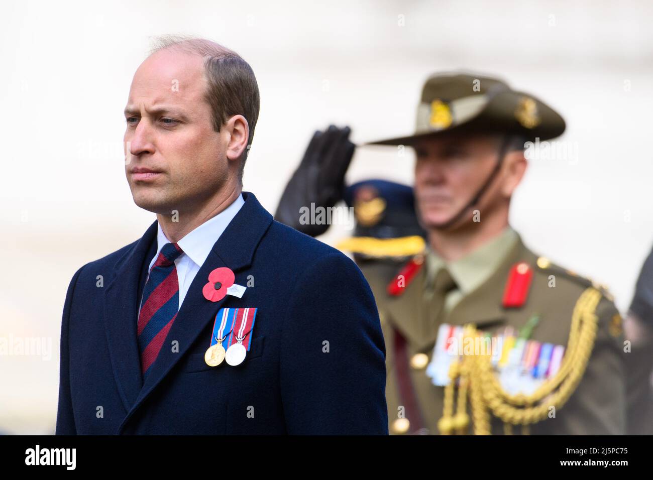 London, UK. 25 April 2022. Prince William, the The Duke of Cambridge, attending a Wreath Laying Ceremony commemorating Anzac Day at the Cenotaph, London. Picture date: Monday April 25, 2022. Photo credit should read: Matt Crossick/Empics/Alamy Live News Stock Photo
