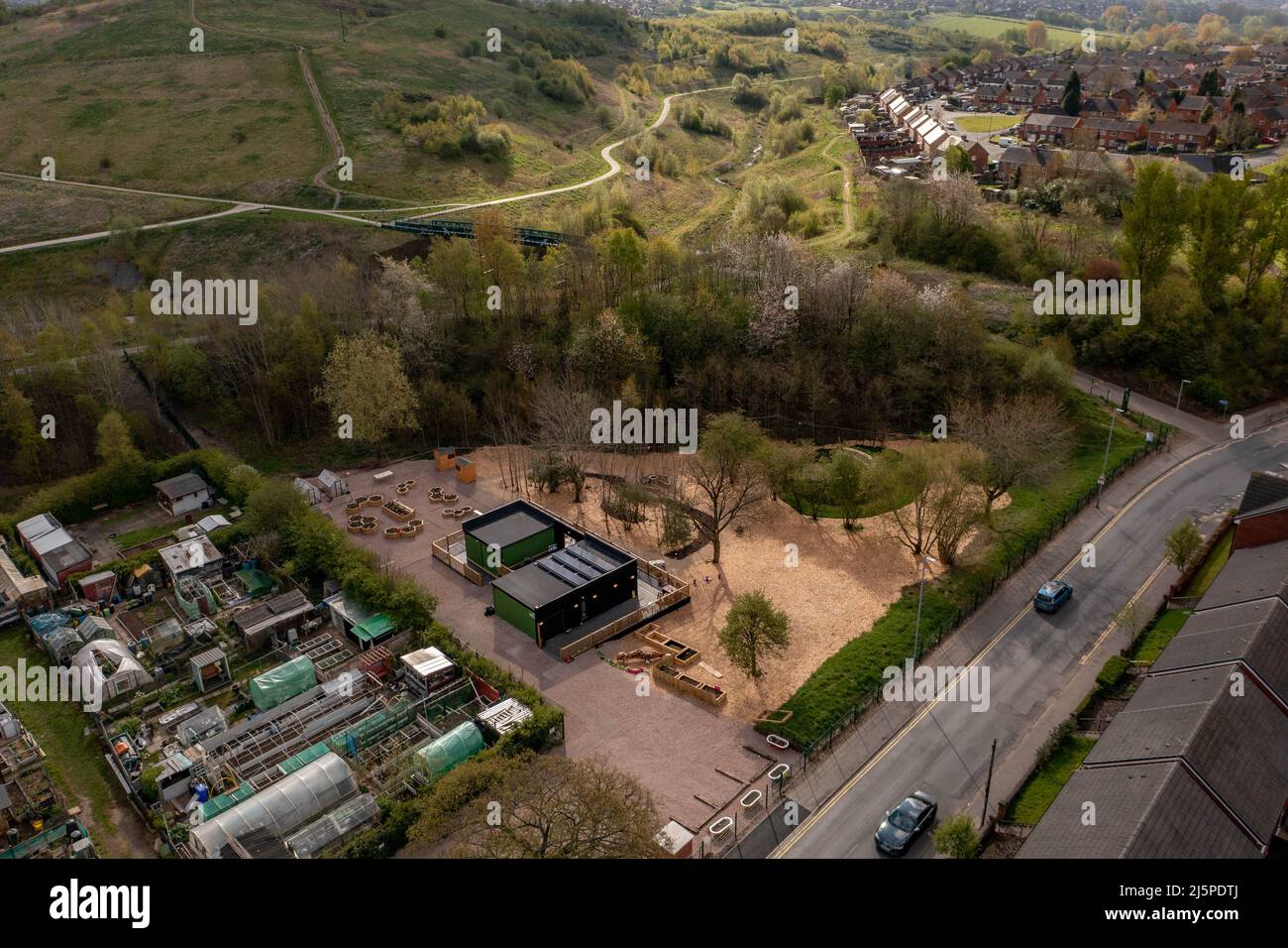 BBC Tv Diy SOS  Created this Community Space costing around £400k in 2020, Aerial Drone View Stock Photo