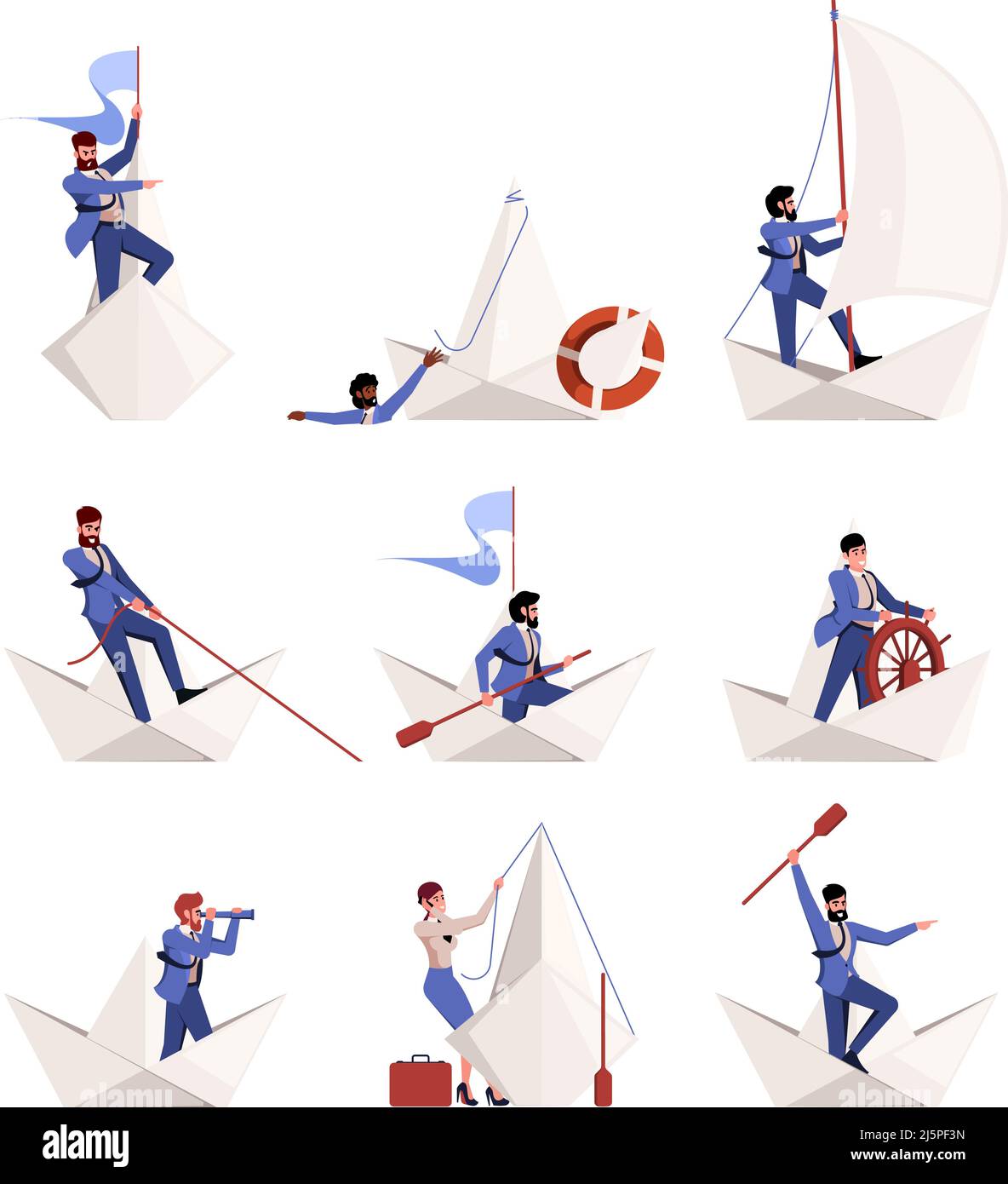 Businessman on paper boat. Leadership concept business navigation freedom teamwork boating characters garish vector pictures in flat style Stock Vector