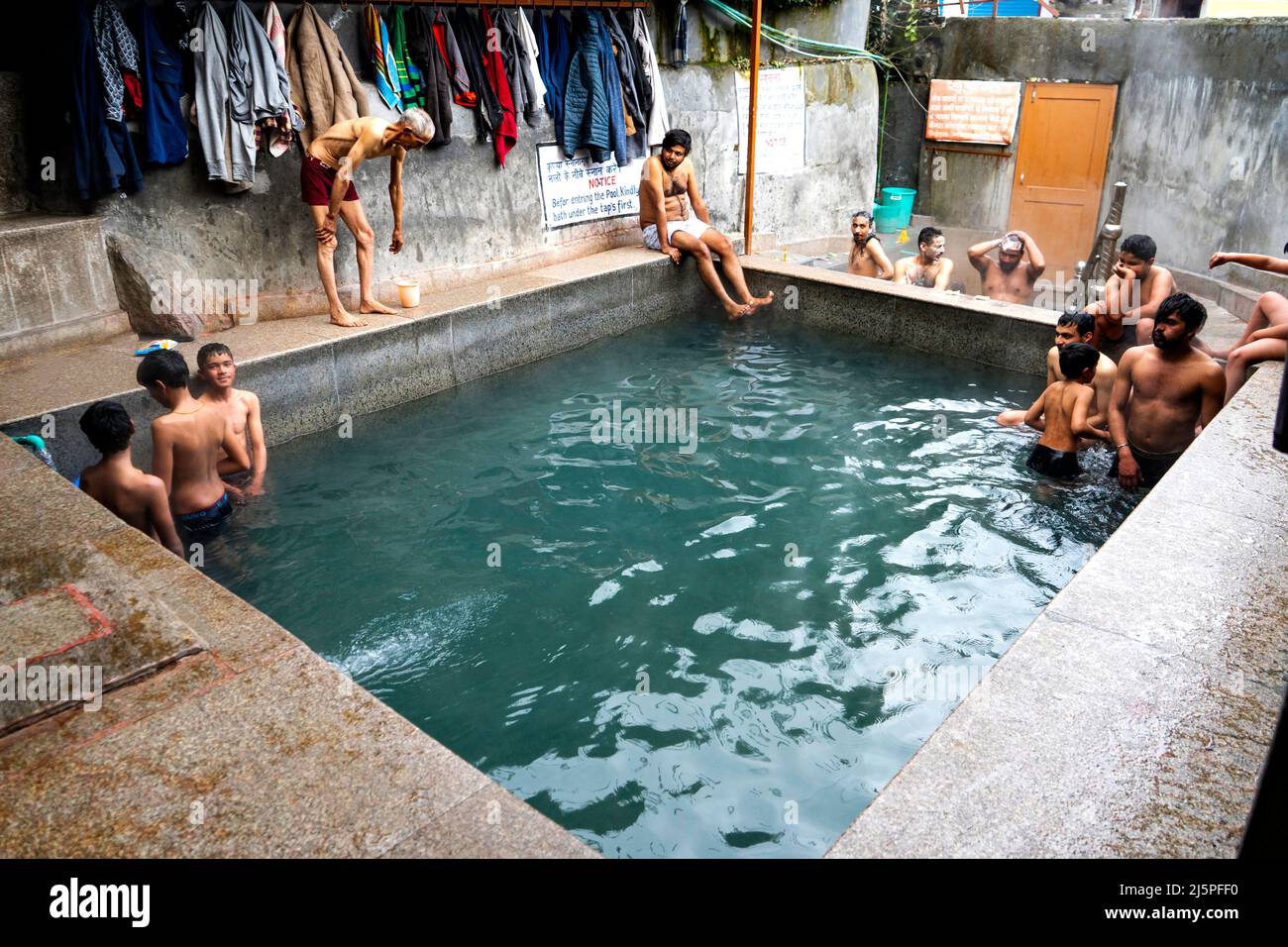 The village of Vashist is famous for its sulphurous Hot Water Springs and is a popular attraction among tourist and pilgrims. himachal pradesh. Stock Photo