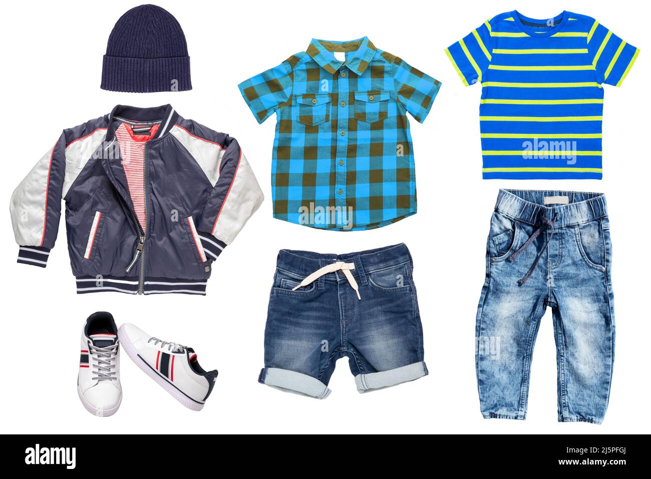 Collage set of little boys spring clothes isolated on a white