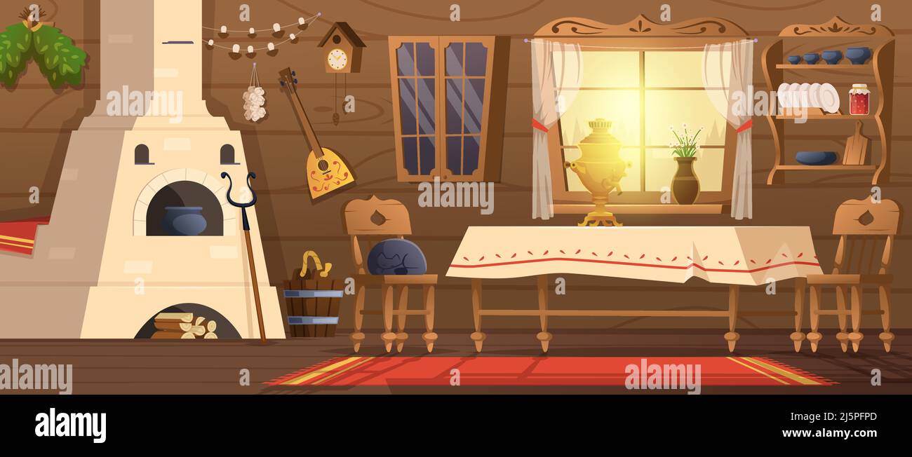 Russian house. Old slavonian room interior with vintage authentic  traditional furniture exact vector cartoon background Stock Vector Image &  Art - Alamy