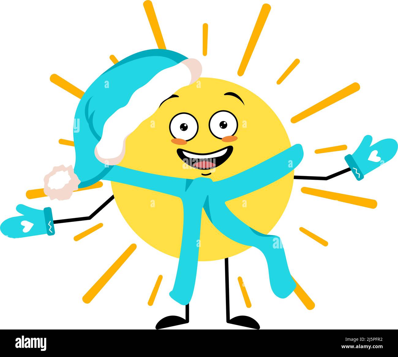 Cute sun character in Santa hat with happy emotion, joyful face, smile eyes, arms and legs. Person with funny expression and pose. Vector flat illustration Stock Vector