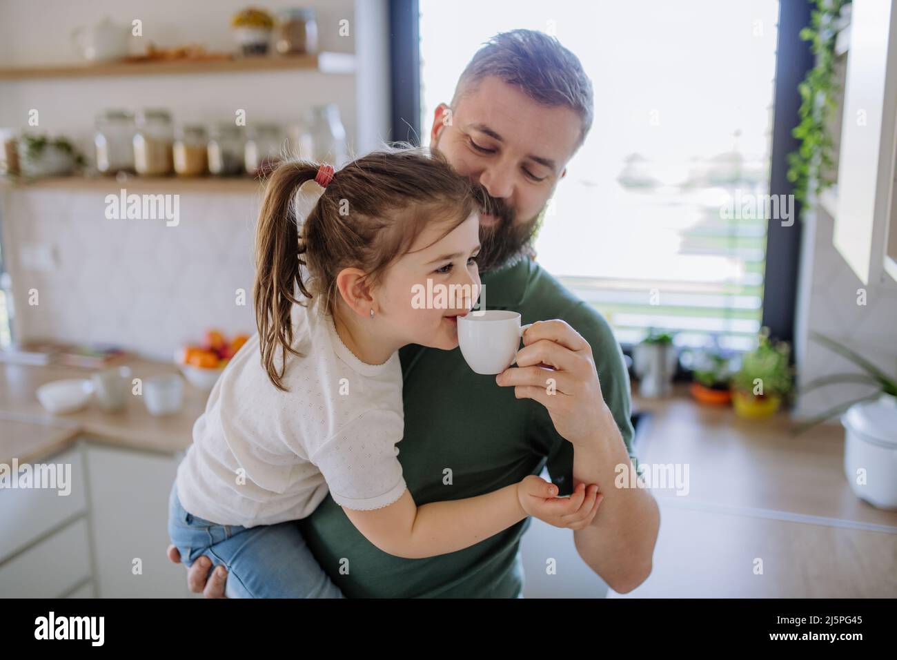 Father giving his little daughter cup with tea to drink at home. Stock Photo