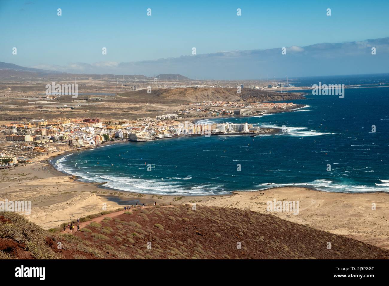 Coastline of surfspot Medano in Tenerife south. Photo was taken from the Montana Roja. Stock Photo