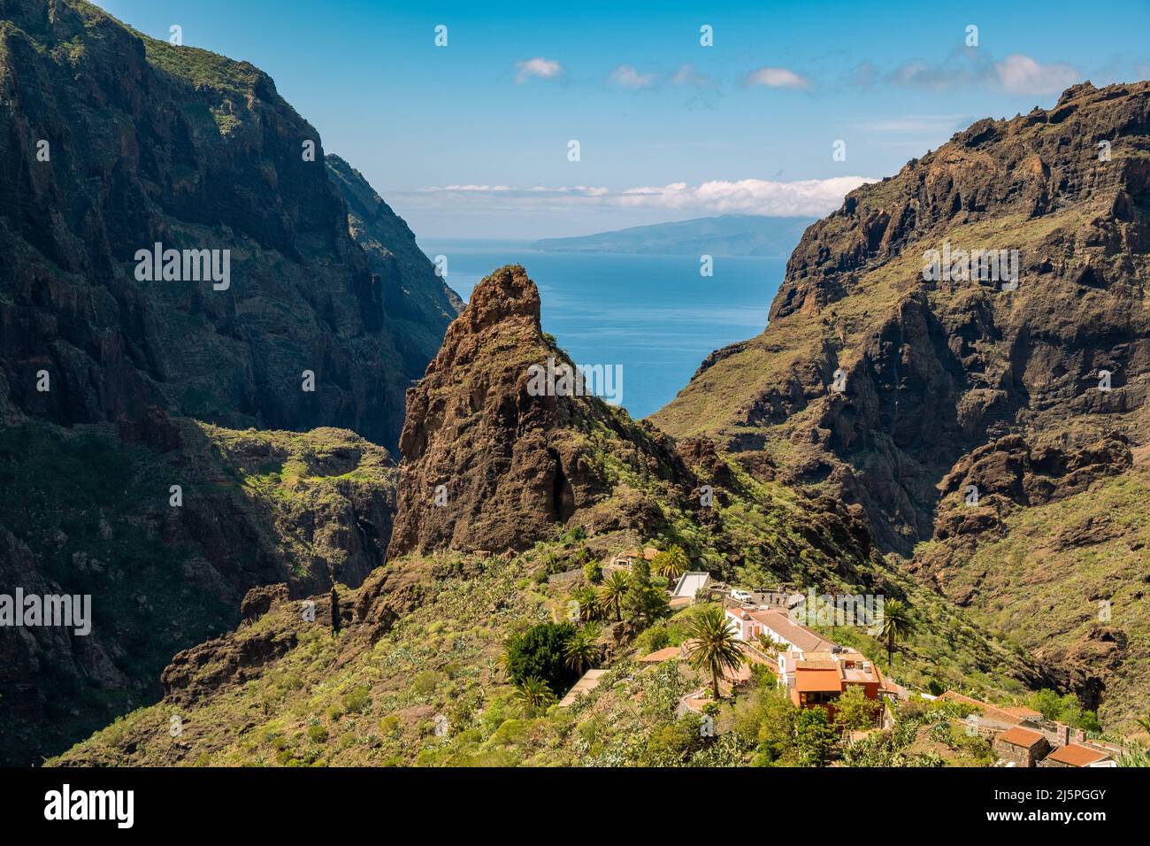 Tremendous Teno mountains at Tenerife north with village Masca within the gorge Barranco de Masca Stock Photo