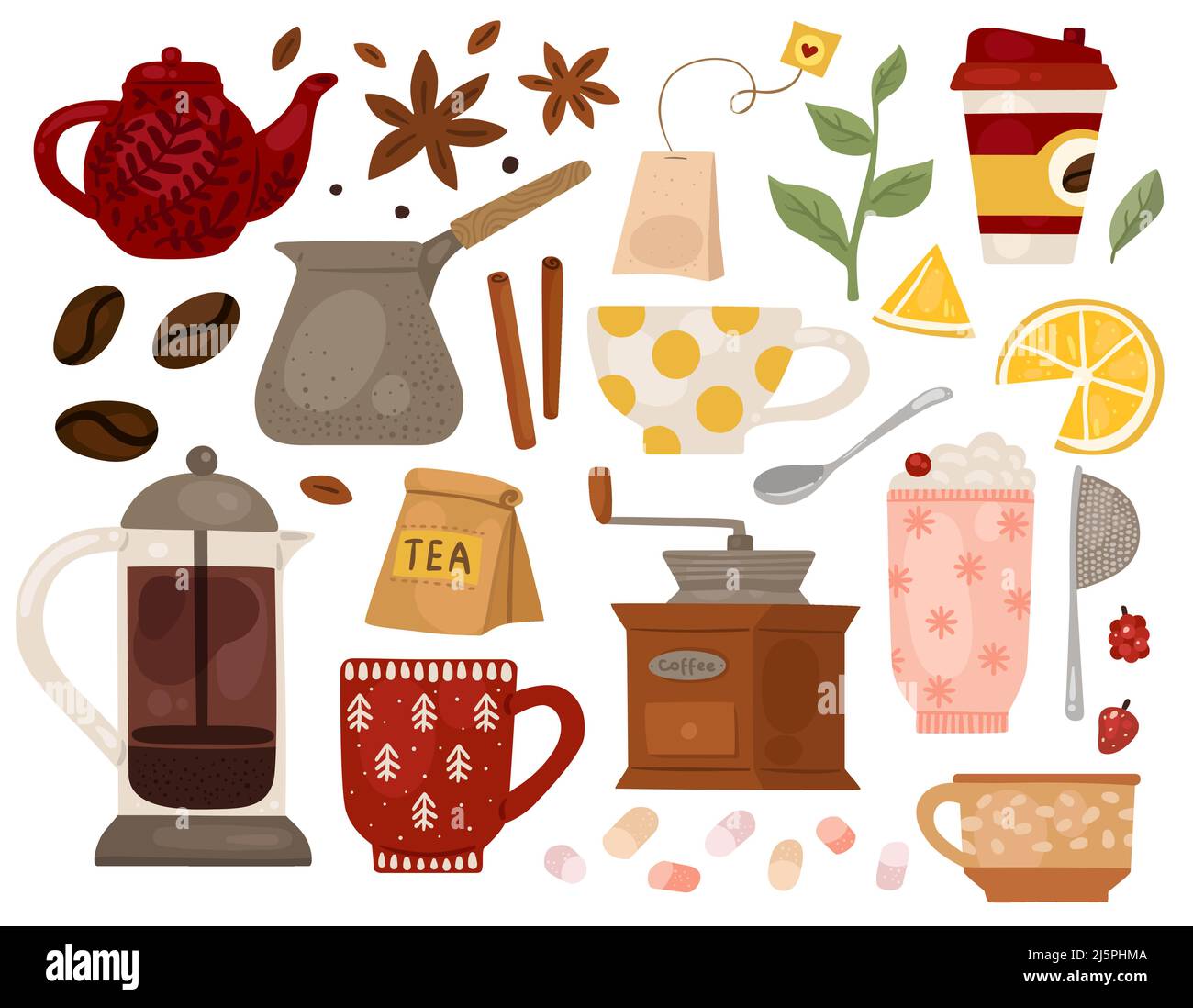 https://c8.alamy.com/comp/2J5PHMA/hot-drinks-different-coffee-and-tea-accessories-spices-and-flavoring-additives-bean-grinders-teapots-with-cups-french-press-vector-traditional-2J5PHMA.jpg