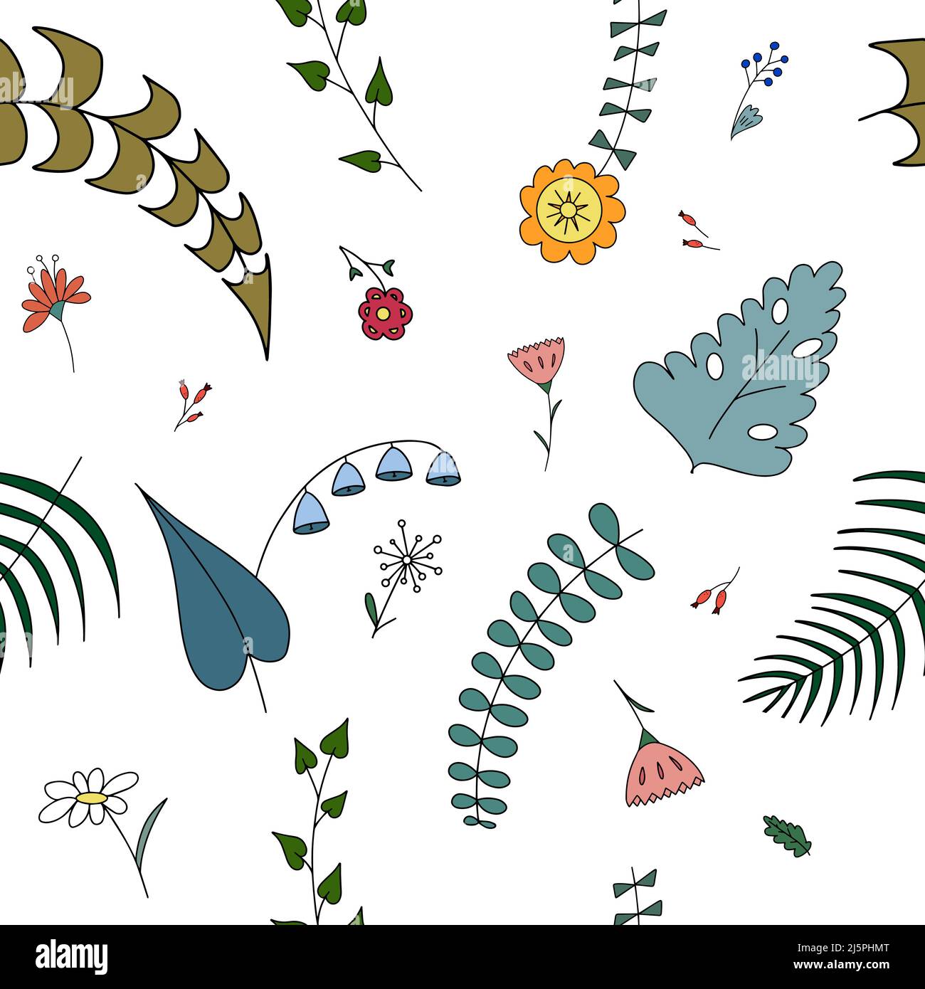 Seamless vector floral pattern of simple bright meadow flowers and ...
