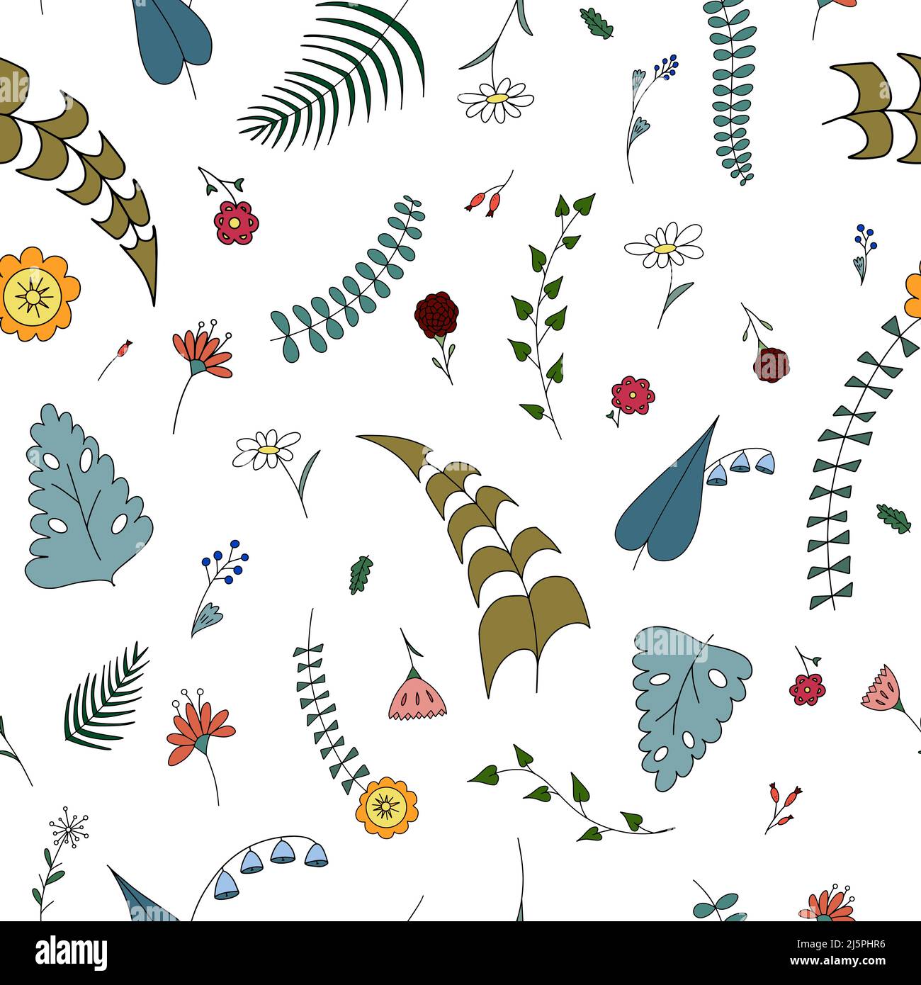 Seamless vector floral pattern of simple bright meadow flowers and ...