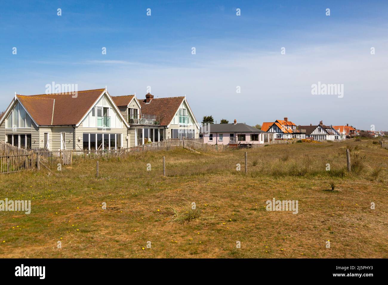 Holiday homes on the beachfront, Thorpeness, Suffolk, England, UK Stock