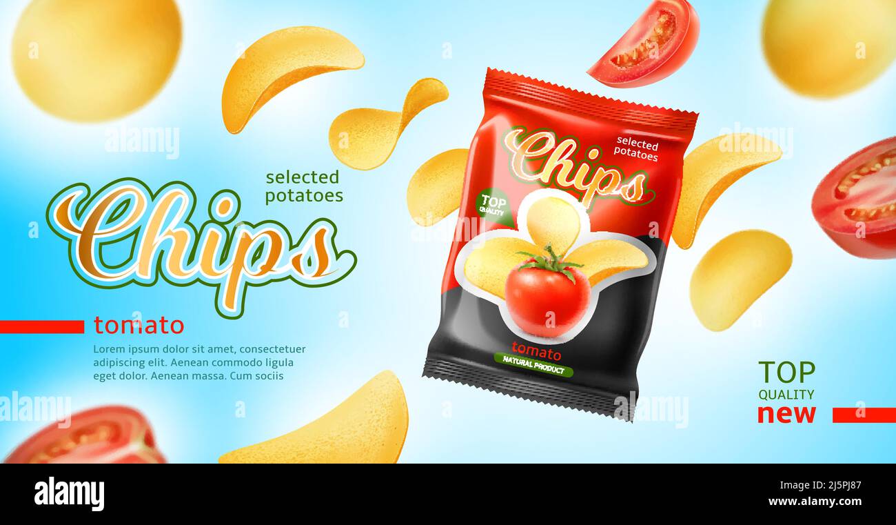 Realistic potato chips poster. 3D snacks advertising banner. Flying