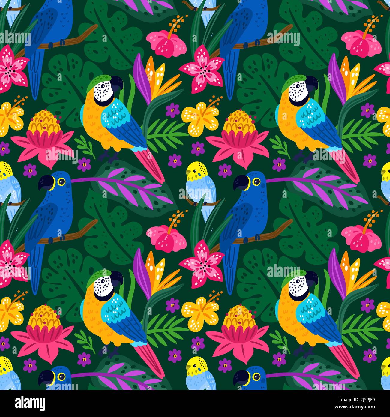 Seamless exotic birds. Tropical bright parrots. Palm leaves. Jungle