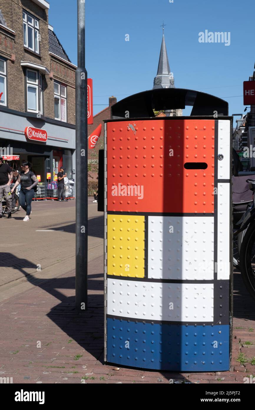 Waste bins in the center of Winterswijk with a Mondrian look, so that the waste bins stand out more. Dutch painter Piet Mondrian grew up here Stock Photo