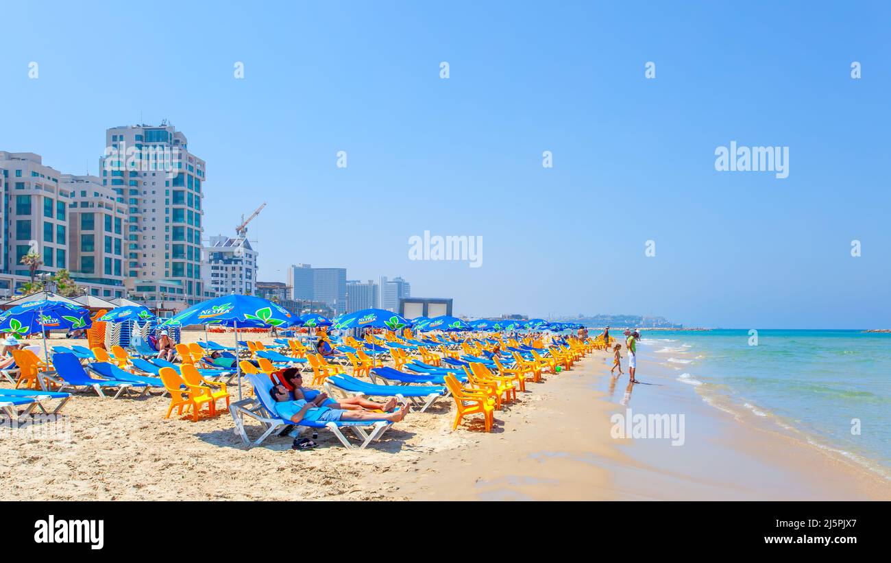 Tel Aviv, Israel - May 26, 2009: Beach and the Mediterranean waterfront in Tel Aviv Stock Photo