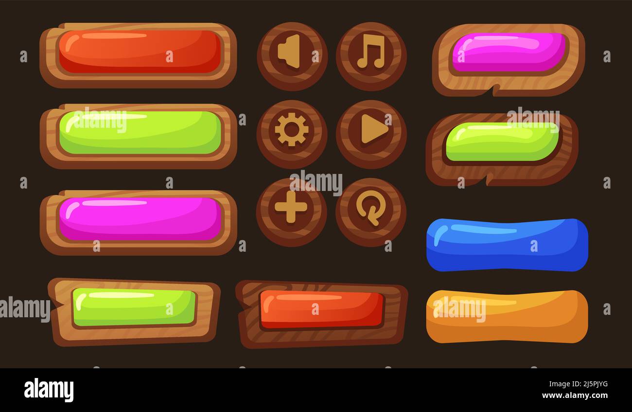 Ui panel buttons. Gaming sign, button cartoon for game interface. Wooden boards, web panel menu