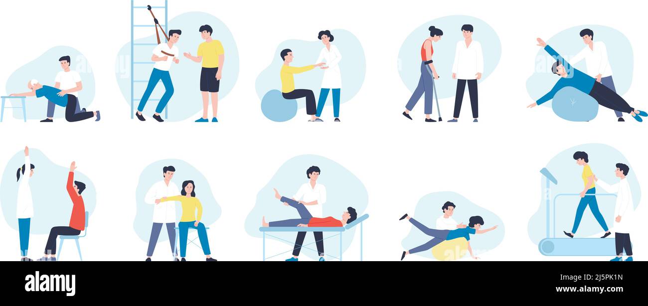 Medical rehabilitation. Rehab persons doing exercise, therapy and treatment services for elderly. Physiotherapy with nurse, recovery recent vector Stock Vector