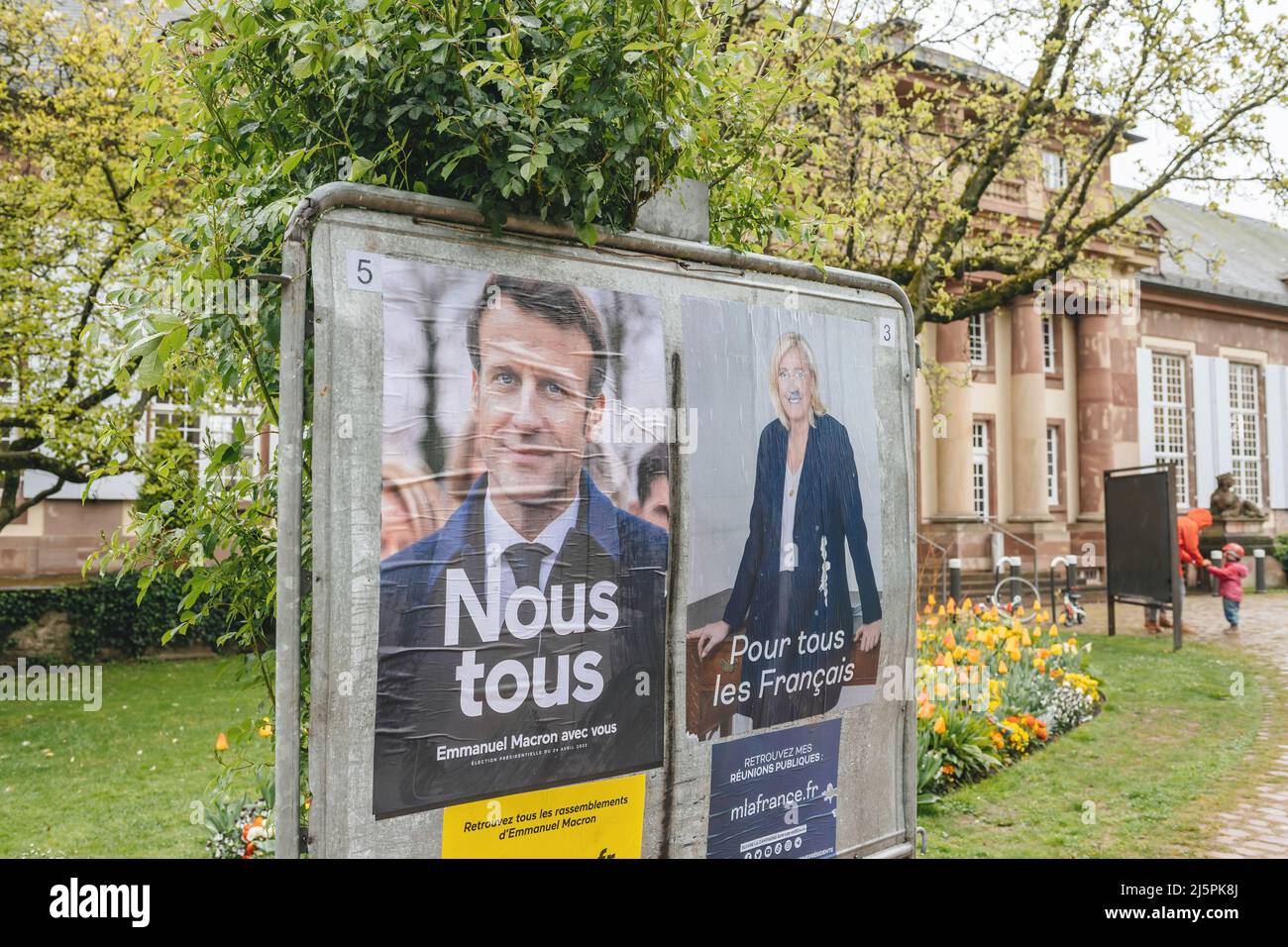 Strasbourg, France April 24, 2022 Wet election posters of Emmanuel