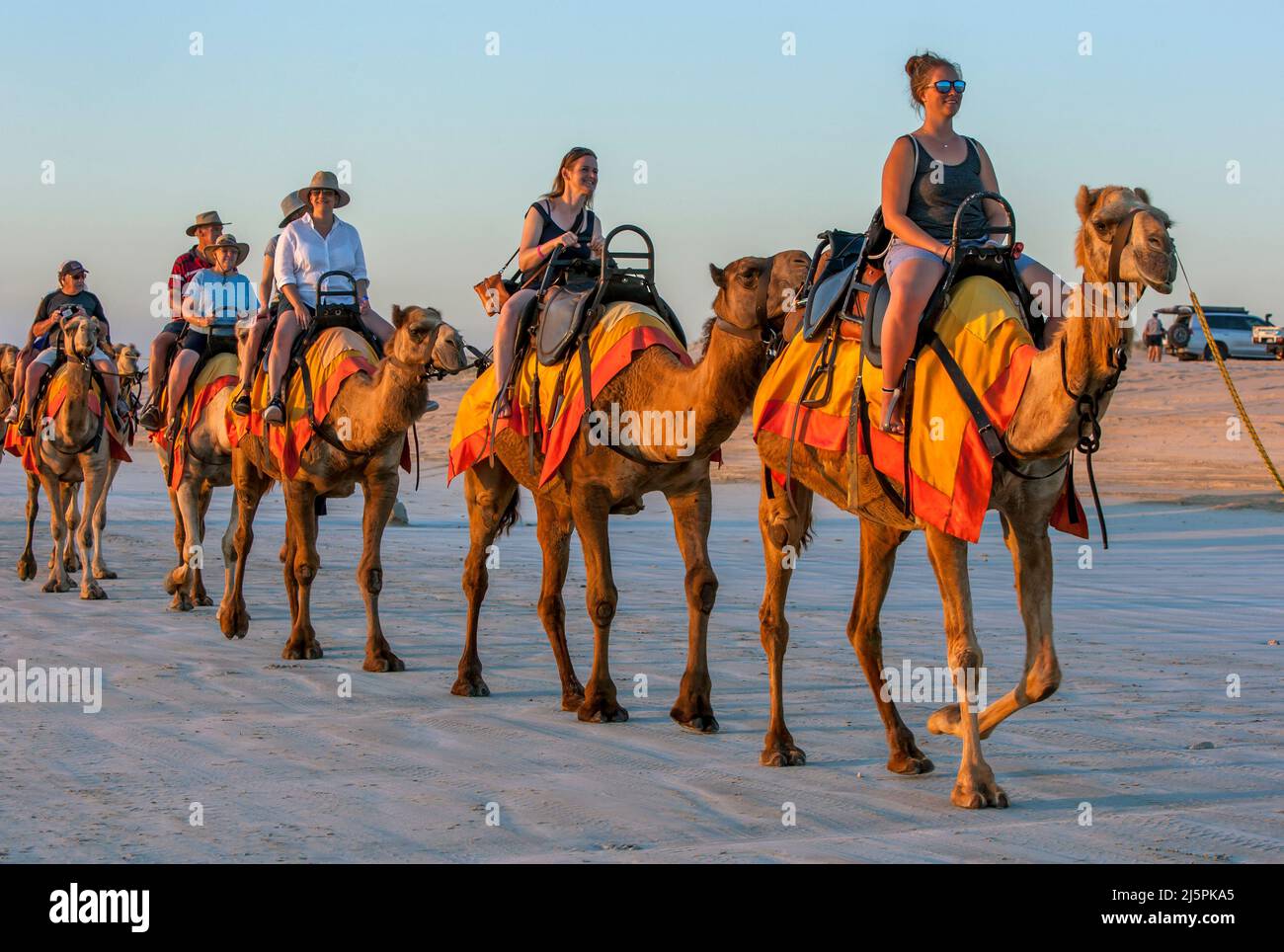 Tourists ride a team of camels along Cable beach at Broome in Western Australia in Australia in the late afternoon. Stock Photo