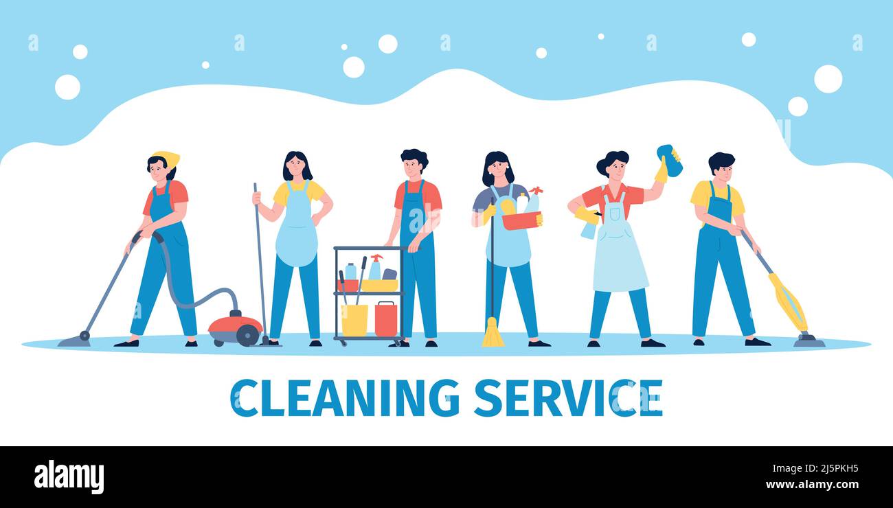 Cleaning service team. Cleaners group with equipment, professional