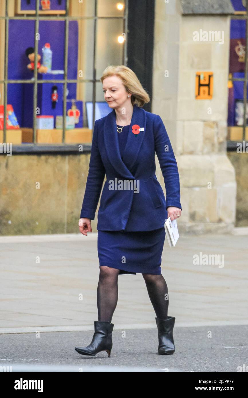 London, UK. 25th Apr, 2022. Liz Truss MP (Elizabeth Truss), Secretary of State for Foreign, Commonwealth and Development Affairs; Minister for Women and Equalities exits the Abbey after attending the Anzac Service at Westminster Abbey in London today. Credit: Imageplotter/Alamy Live News Stock Photo