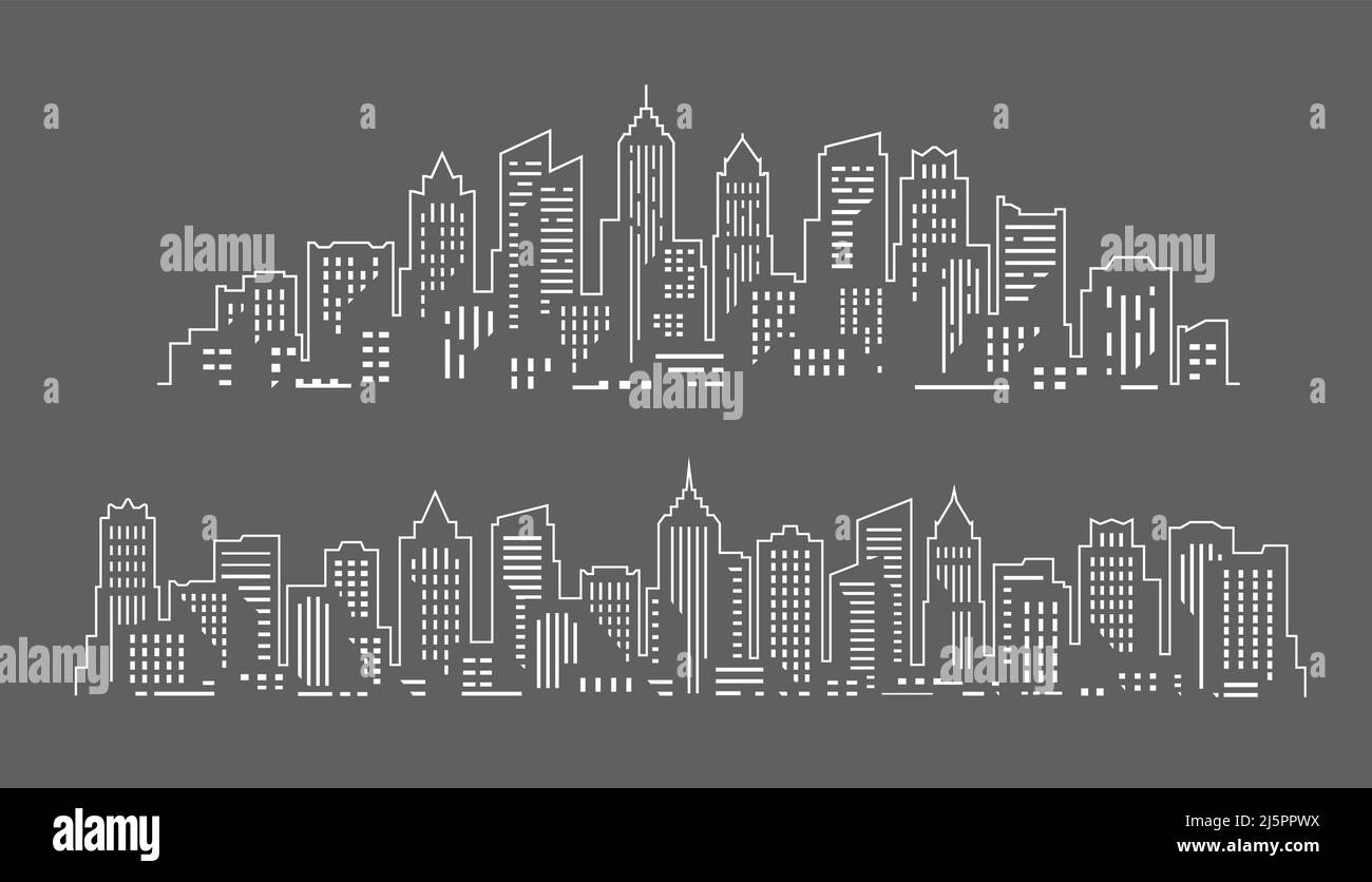Set of city silhouettes. Cityscape in linear style. Building, town skyline. Panorama. Houses skyscrapers vector Stock Vector