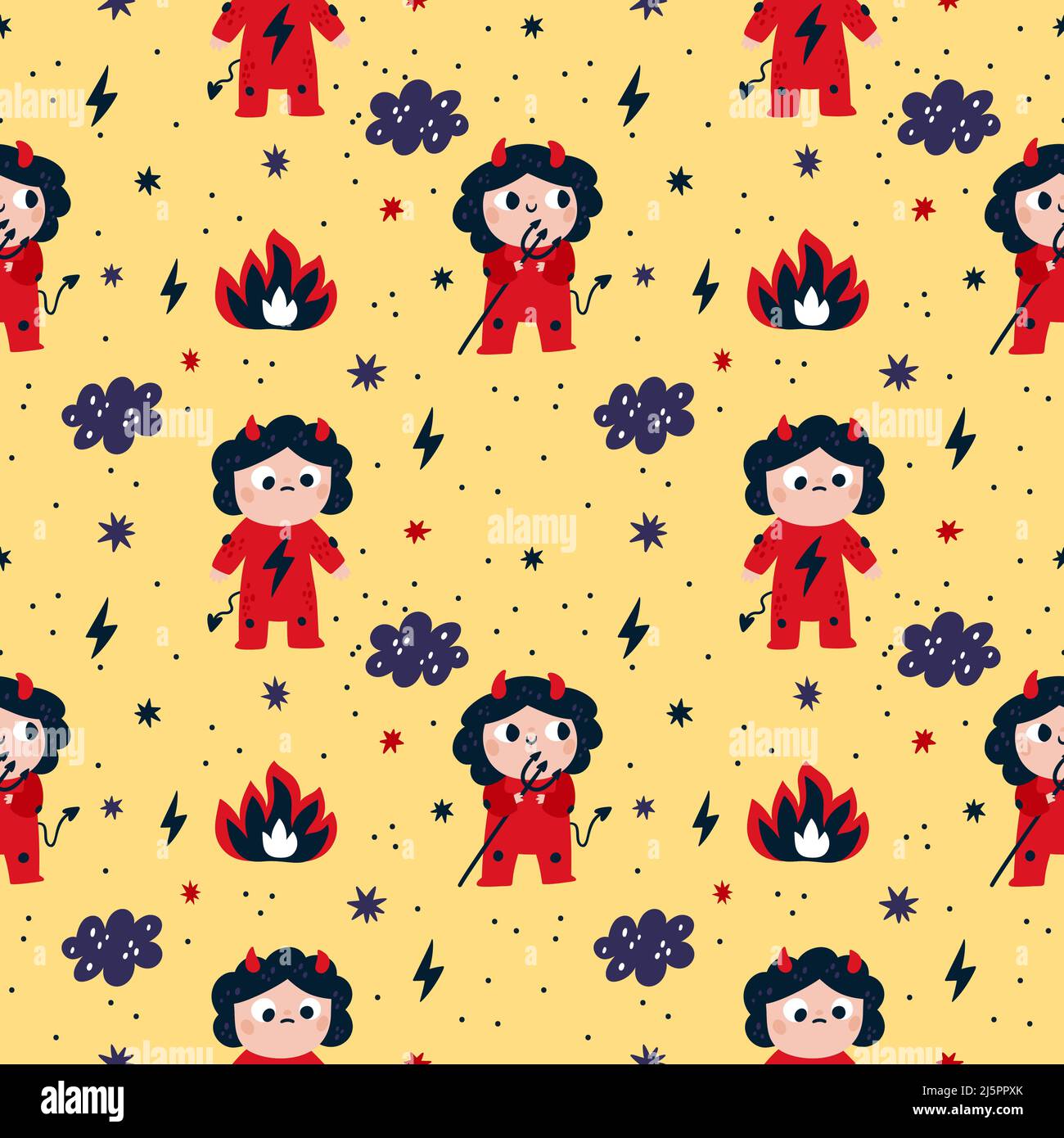 Cute devils seamless pattern. Little funny kids in red costumes with horns and demon tails. Naughty children hold tridents. Lightning and fires. Happy Stock Vector