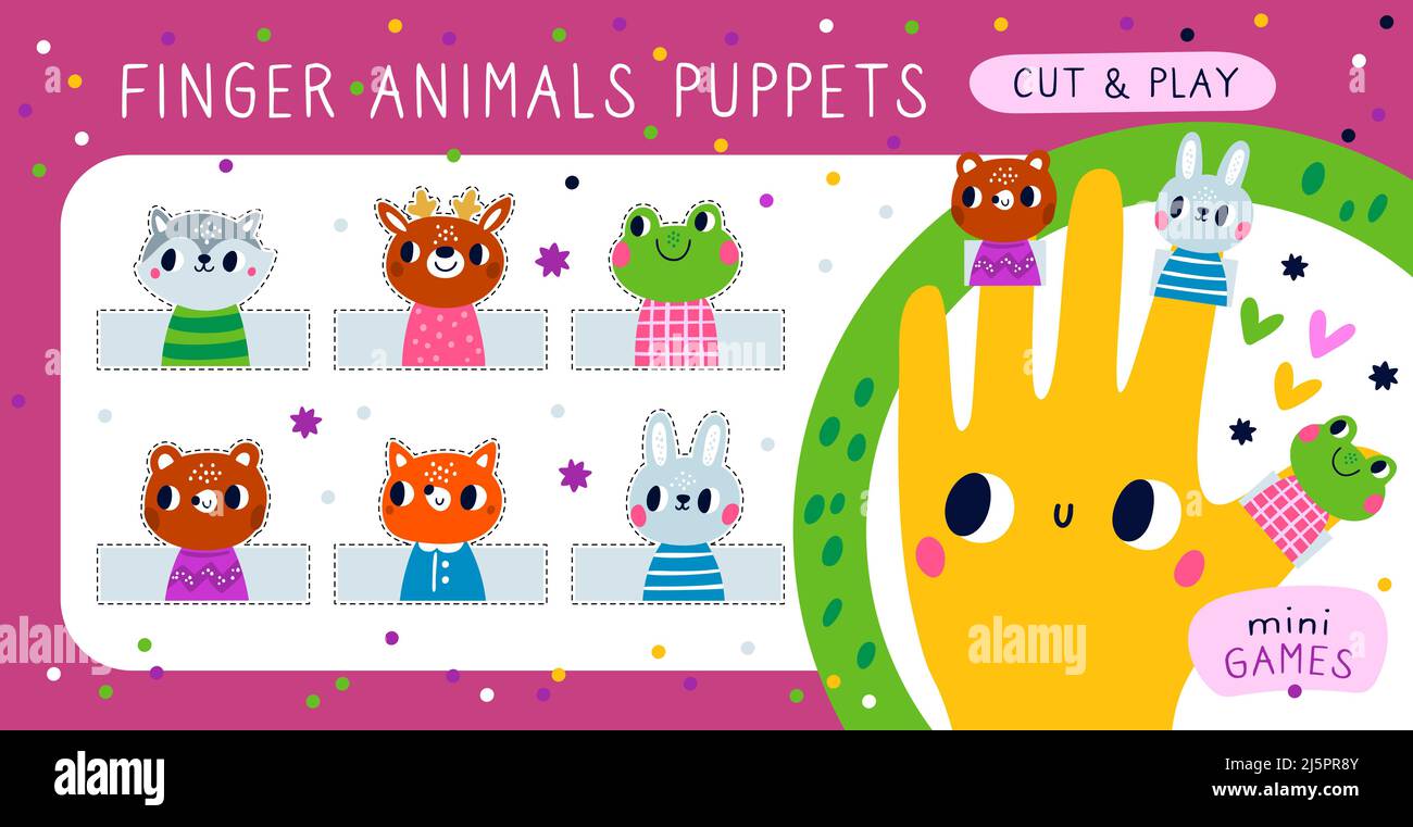 Finger puppets hands. Kids mini game. Funny animal dolls worn on arm. Home theater. Creative abilities development. Handmade toy. Cute creatures heads Stock Vector